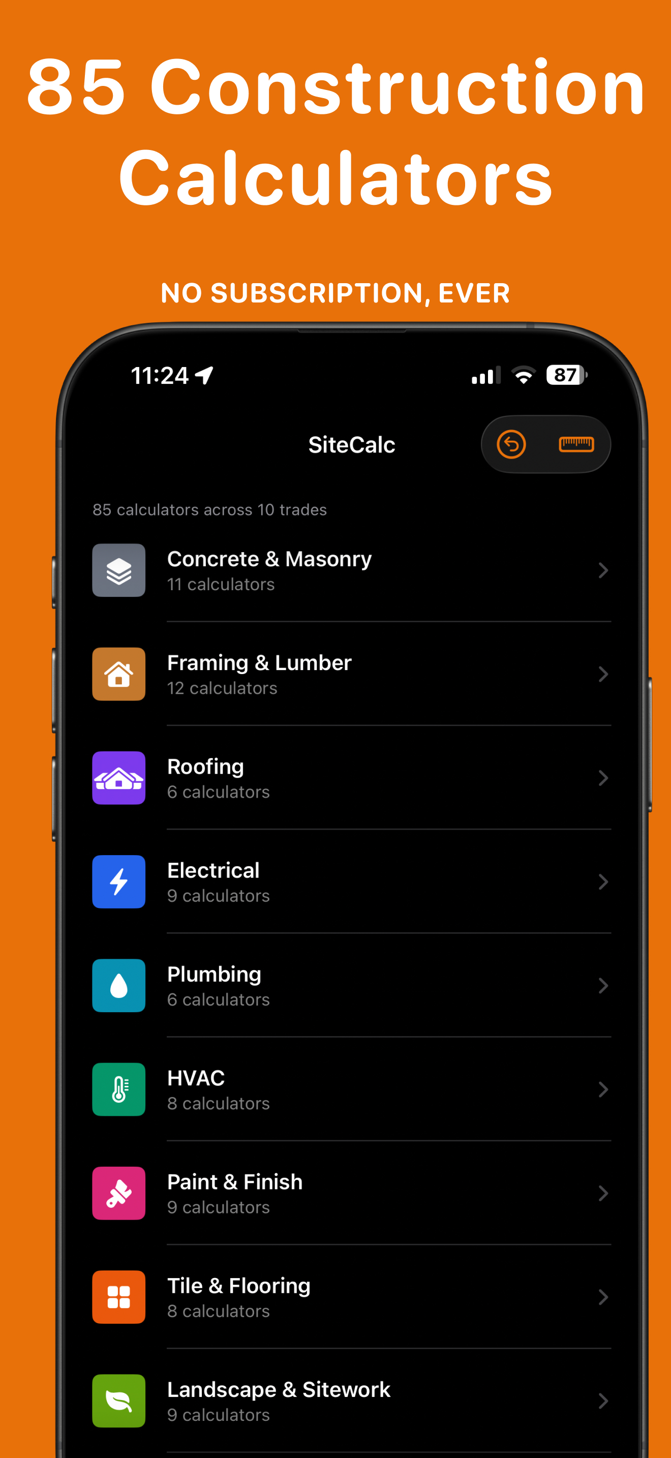Trussly app showing 85 construction calculators across 10 trade categories